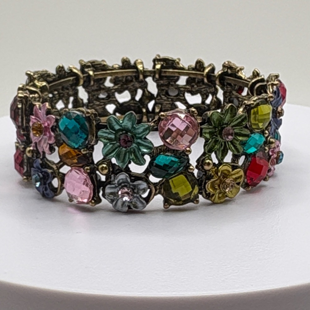 Vintage Style Floral Multicolor Crystal Clamper Bracelet Cuff - Picture 6 of 6